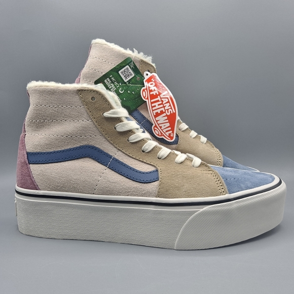 New Vans Sk8-Hi Top Tapered Stackform Platform Pig Suede Sherpa Faux Fur Cream - Picture 1 of 10
